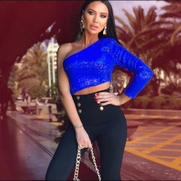 ZARA SEQUIN SPARKLY Asymmetric Cobalt Blue Crop TOP Small - Picture 1 of 5